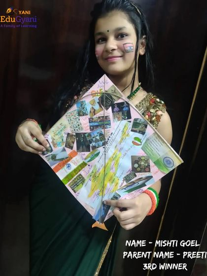 Our third-place winner, Mishti Goel, with her beautifully decorated kite. Her creativity and patriotic theme stood out in our fancy dress competition.