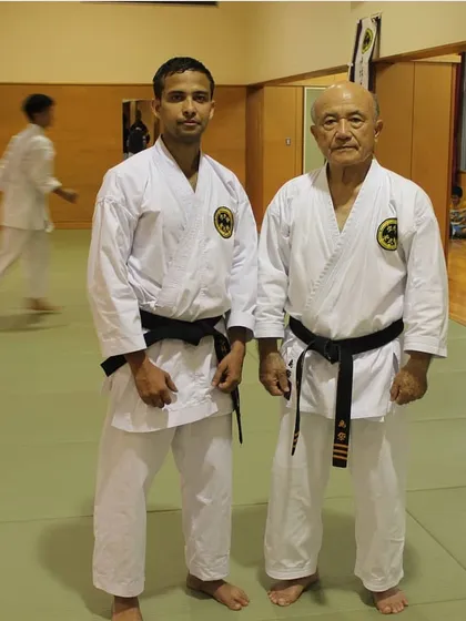 Here I am with my teacher, Grand Master Sensei Zenpo Shimabukuro. My instruction comes directly from this Shorin-ryu Seibukan lineage, ensuring you learn the authentic art as it is taught in Okinawa.