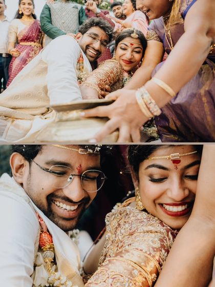 A collage of laughter and fun during the wedding games. These traditions are all about bringing the couple and their families together.