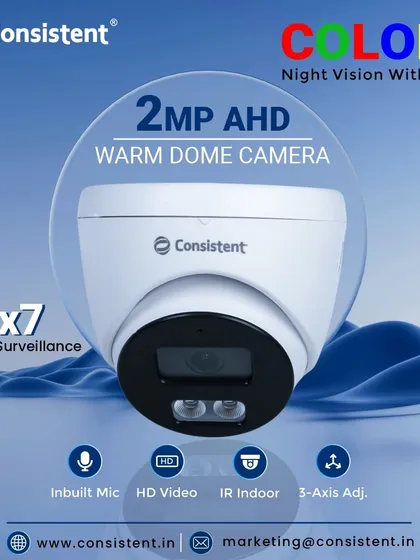 Our 2MP AHD Warm Dome Camera is designed for reliable 24/7 indoor surveillance. It captures HD video with audio and uses warm light technology to provide full-color night vision, ensuring no detail is lost even in complete darkness.