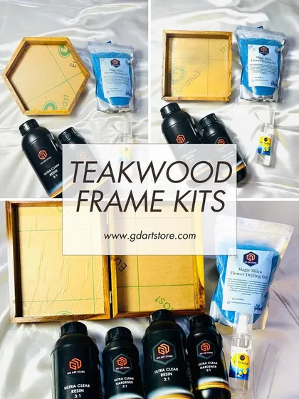 Our beginner-friendly Teakwood Frame Kits are perfect for anyone interested in Varmala preservation. This image shows the different kits available, which include a frame, our Ultra Clear 3:1 resin, and magic silica gel for drying flowers.