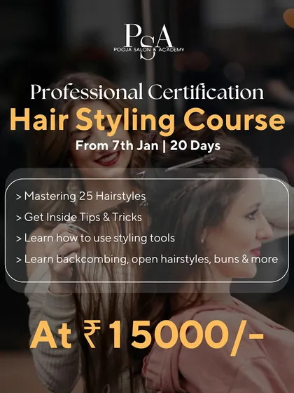 For those focused on hair, my 20-day professional hairstyling course is perfect. You will master 25 hairstyles, learn to use all styling tools, and practice techniques like backcombing and creating buns.
