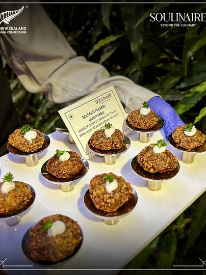 A tray of Masala Falafel being served at the New Zealand High Commission. We offer diverse, globally-inspired menus, including delicious vegetarian options, for diplomatic gatherings.