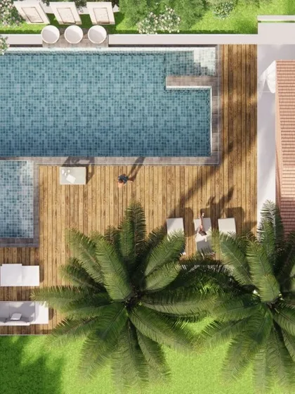 A 2D design plan for a residence with a small, L-shaped pool and an adjoining wooden deck. This shows our process for planning compact and functional poolside areas, complete with lounge chairs and greenery.