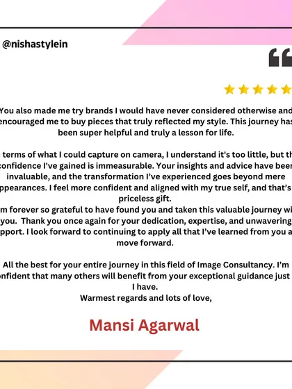 "The confidence I've gained is immeasurable." In this testimonial, Mansi Agarwal shares how her journey with me went beyond appearances to a priceless transformation in confidence and self-alignment.