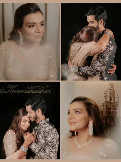 A collage capturing the emotional highlights of Karan and Vrinda's engagement, including a warm hug with family and tender moments between the couple.