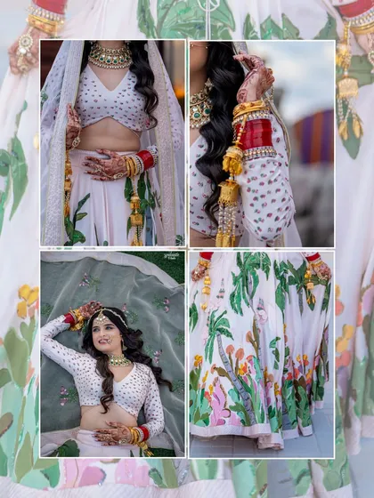 A collage detailing the bride's unique wedding look, from the hand-painted lehenga to her 'chooda' and jewelry. It's a celebration of her individual style.