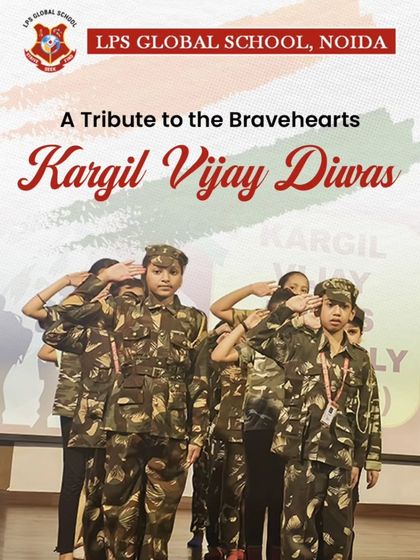 "A Tribute to the Bravehearts." Our Kargil Vijay Diwas assembly poster shows students in army camouflage, paying homage to our soldiers. Through such tributes, we teach our students about the courage, sacrifice, and patriotism that protect our nation.