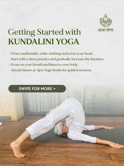 Getting started with Kundalini Yoga. This graphic provides simple tips: wear comfortable white clothing, start with a short practice, and focus on your breath.