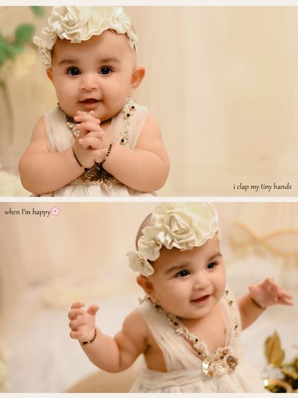 A collage capturing the expressive hands and happy smiles of a baby in a beautiful cream-colored outfit. These little details are so important.
