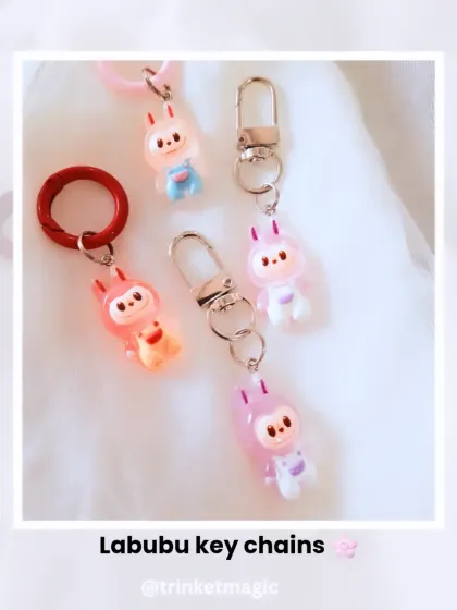 A collection of the finished Labubu keychains, available with different colored clips and attachments. They are cute, collectible, and ready to go.