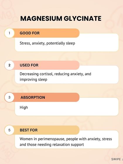 Magnesium Glycinate is best for stress, anxiety, and sleep. It has high absorption and is great for women in perimenopause.