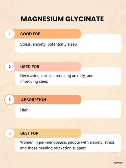 Magnesium Glycinate is best for stress, anxiety, and sleep. It has high absorption and is great for women in perimenopause.