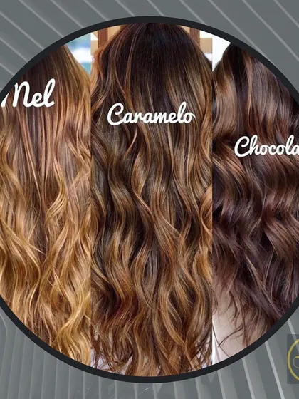 A helpful guide showing three different color options: Mel (Honey), Caramelo (Caramel), and Chocolate. This helps clients visualize the different warm tones I can create.