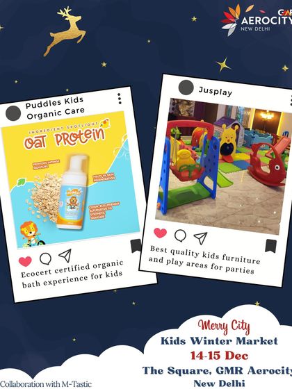 Featuring Puddles Kids Organic Care and kids' furniture from Jusplay, this graphic shows the variety of family-focused brands at our winter market.