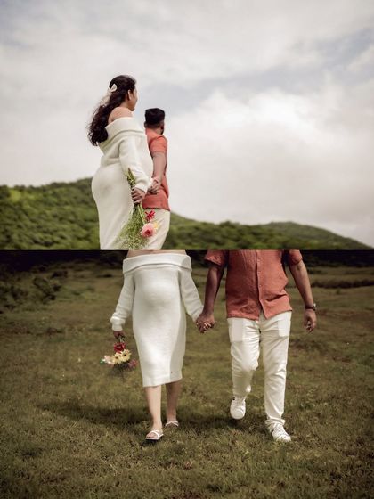A creative collage showing the couple walking hand-in-hand from two different perspectives, emphasizing their journey together.