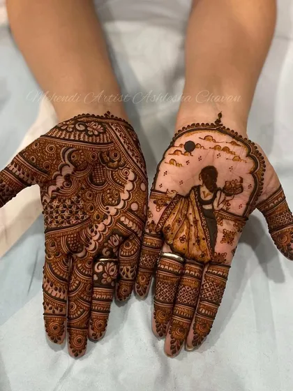 Another beautiful Karwachauth design, this time showing a woman from the back, looking at the moon. It's a different perspective on the same beloved tradition.