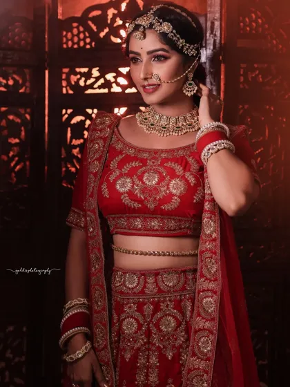 A confident and regal pose against an ornate wooden backdrop. This portrait showcases the intricate embroidery of the lehenga and the bride's poised demeanor.