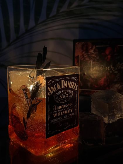 A moodier shot of the Jack Daniels candle, showing how the gel wax glows beautifully in the dark.