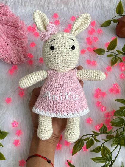 My bestseller bunny in a soft pink dress, personalized with the name "Anika". This is a classic design that is always a hit as a baby shower or birthday gift.