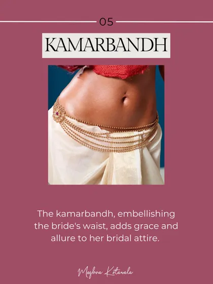 A guide to the Kamarbandh, or bridal waistband. This traditional piece of jewelry embellishes the bride's waist, adding a beautiful element of grace and allure to her bridal attire.