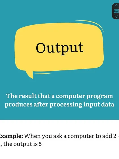 This post defines 'Output' with a simple example: when you ask a computer to add 2 + 3, the output is 5. This makes the concept of a program's result clear and simple.