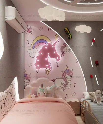 Designing for the youngest members of the family is always a joy. This shared kids' room features distinct unicorn and car-racing themes for a sister and brother, brought together by a shared study nook under a rainbow arch. It’s a perfect example of how I create personalized, imaginative, and practical spaces for children.