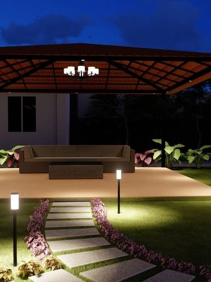 This nighttime 3D visualization of a garden gazebo shows the impact of landscape lighting along a pathway and around the seating area, creating a warm and inviting atmosphere.