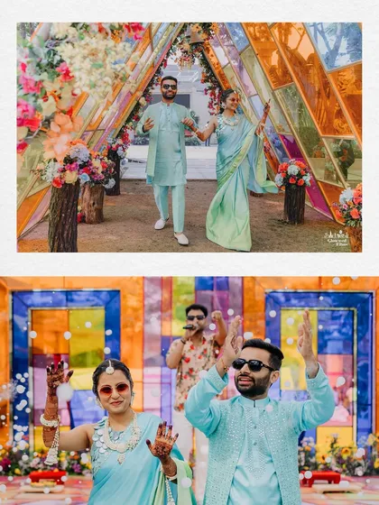 The couple's entry through a colorful glass tunnel at their Haldi. The play of light and color created a fantastic photo opportunity.