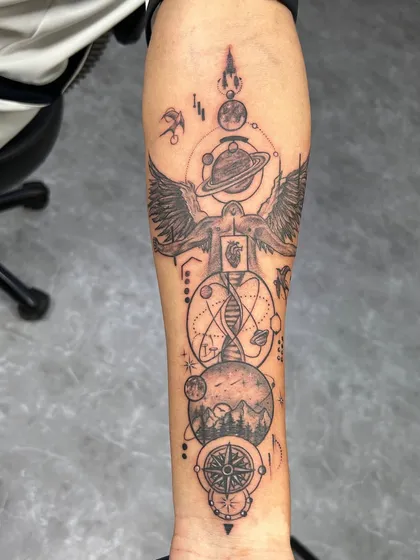 Another angle of the cosmic sleeve, showing the intricate details and the way the different elements are woven together.