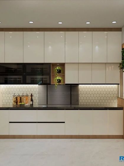 A close-up of a modular kitchen render, highlighting the high-gloss white cabinets, black countertop, and under-cabinet lighting.