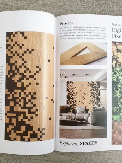 We were thrilled to be featured in the Morpheus collection by Pllum Legno. Our "Rage of the Pixels" design explores using wood veneer to create a digital-inspired pattern, translating the concept of pixels into a physical, tactile material.