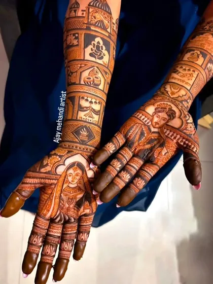A beautiful bridal portrait design, with the bride's figure on one hand and the groom's on the other, surrounded by traditional wedding elements.
