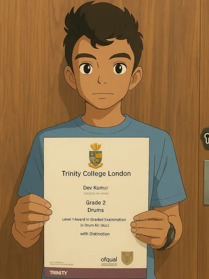 An anime version of one of our proud students holding his Trinity College certificate. We love celebrating our students' success in creative ways.