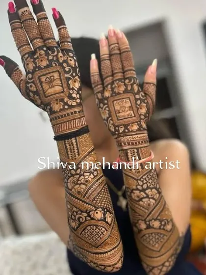 A full-coverage design for the back of the hands, featuring a mix of intricate floral vines and geometric patterns.