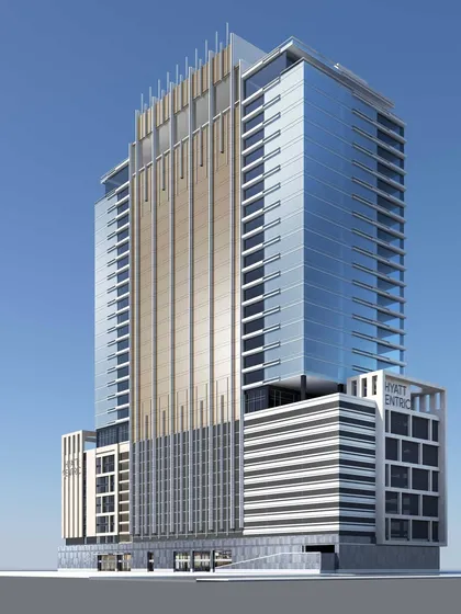 A render of the upcoming Hyatt Centric in Mahape, a high-rise tower that combines a luxury hotel with IT offices, showcasing our skill in designing sophisticated, multi-functional buildings.