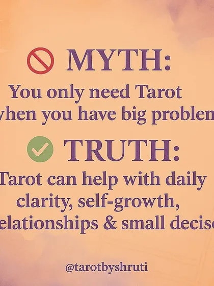 Myths vs. Truths about Tarot. This carousel debunks common misconceptions. It clarifies that Tarot is spiritual energy work, not black magic, and that it shows possible outcomes based on your current path, not a fixed future.