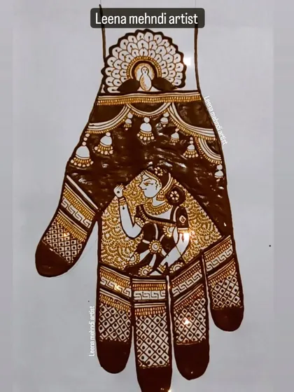 A beautiful portrait design featuring a woman in a traditional pose. This kind of figure work can be the centerpiece of a bridal or festive design.