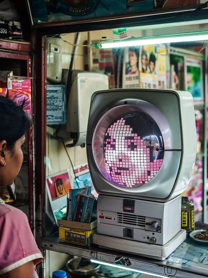 A woman at a kirana store interacts with a 'kiranatech' device, a retro-futuristic computer. This series explores how advanced technology might integrate into small, local businesses.