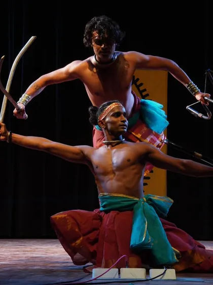Chhau is a martial dance, and here my students perform with traditional swords and shields. This element of the dance requires precision, agility, and a deep understanding of the warrior ethos embedded in the form.