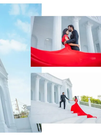 A collage highlighting the dramatic red gown against the white architecture, showing both a close-up embrace and a wide shot on the steps.