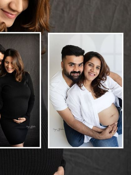 Another example of a composite image, blending a close-up of the couple with a wider shot. It's a modern way to present multiple favorite moments in a single frame.