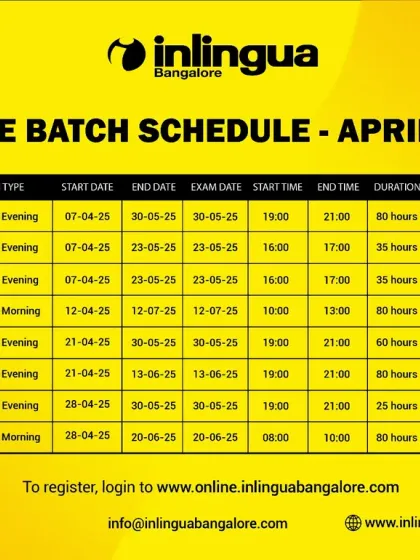 Here is a clear overview of our online batch schedule for April 2025. This table provides all the essential details for our German, French, Japanese, and English courses, including program levels, timings, duration, and fees, making it easy for you to find a class that fits your life.
