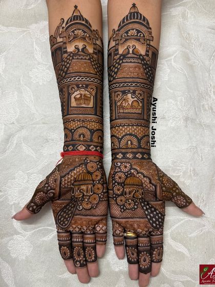 An elegant bridal design without human figures. The artwork is centered around royal palaces, elephants, and kalash motifs, creating a look of pure regality and tradition.