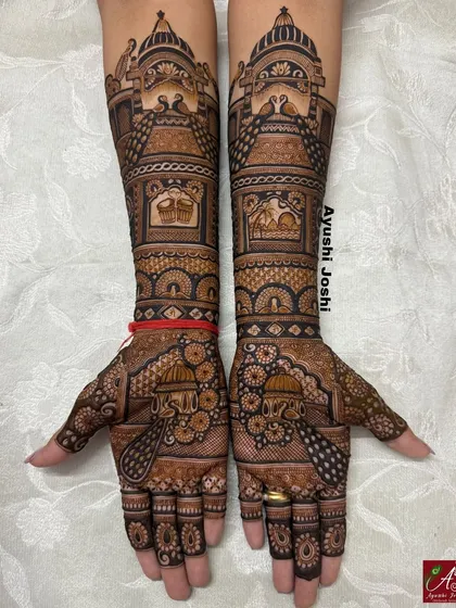 An elegant bridal design without human figures. The artwork is centered around royal palaces, elephants, and kalash motifs, creating a look of pure regality and tradition.