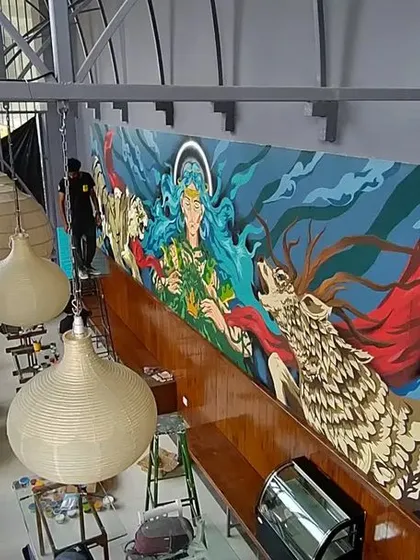 This is what we live for. Here’s a wide shot of our massive "Mother Nature" mural for Cuppa in Mysore, showing how our art can completely transform a large commercial space and become its centerpiece.