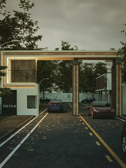 This render of the entrance gate highlights the texture of the illuminated pillars. The detailed design adds a layer of sophistication and visual interest to the overall structure.