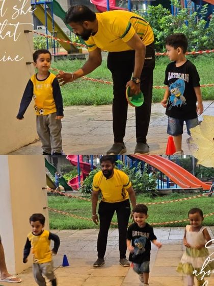 This collage shows various moments from our toddler fitness sessions, including running drills with cones and ring toss games. It's all about learning through active play.