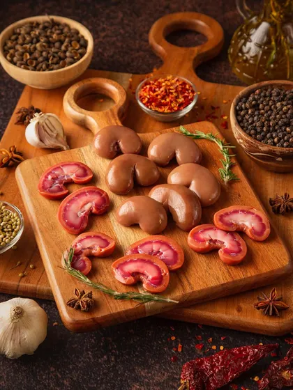 A rustic, abundant flat lay of gourmet meat kidneys on wooden cutting boards. The arrangement with whole spices like garlic, peppercorns, and star anise tells a story of rich flavor and high-quality ingredients.