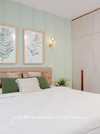 We create bedroom sanctuaries that are calm, personal, and beautifully functional. This design uses a soft pastel green palette, an upholstered headboard, and warm lighting to create a serene retreat, complete with integrated wardrobes and a stylish dressing unit.